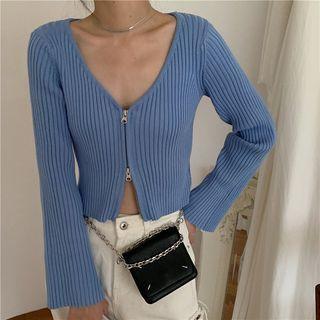 Bell-sleeve Zip-up Knit Top