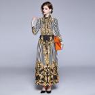 Long-sleeve Print Tie-waist Maxi Dress