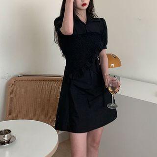 Short-sleeve Shirred Panel Mini A-line Shirtdress