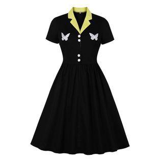 Short-sleeve Collared Butterfly Embroidered Midi A-line Dress