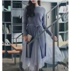 Set: Slit Ribbed Long Sweater + Midi Mesh-overlay A-line Skirt