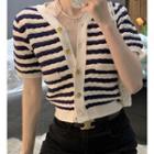 Short-sleeve Striped Cardigan Black & White - One Size