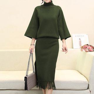 Set: High Neck 3/4-sleeve Knit Top + Fringed Midi Skirt