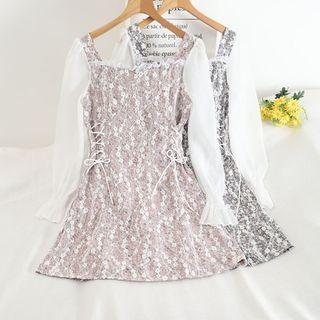 Mesh Floral Long-sleeve Midi Dress