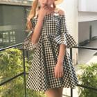 Gingham Off Shoulder Elbow Sleeve A-line Dress