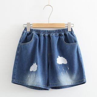 Embroidery Washed Denim Shorts