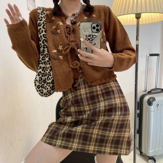 Floral Embroidered Tie-front Cardigan + Plaid Mini A-line Skirt
