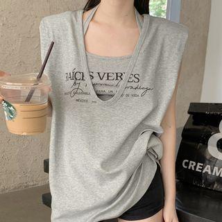 Set: Halter Lettering Cropped Camisole Top + V-neck Tank Top