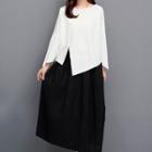Set: Asymmetric Hem Long-sleeve T-shirt + Plain Midi Skirt