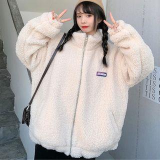 Fleece Mock Neck Lettering Zip-up Jacket