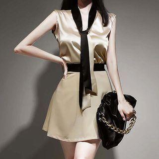 Set: Tie-neck Sleeveless Blouse + Mini A-line Skirt