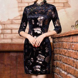 Floral Print 3/4-sleeve Velvet Short Cheongsam
