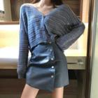 Cropped Open-knit Cardigan/ Faux Leather Mini A-line Skirt