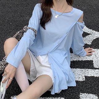 Long-sleeve Cold-shoulder Slit T-shirt