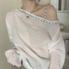 Long-sleeve Rhinestone-accent Knit Top White - One Size