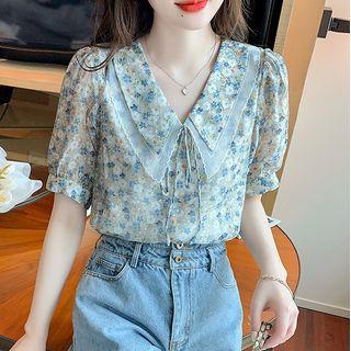 Puff Sleeve Lace-up Floral Printed Blouse