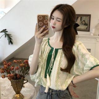 Round-neck Drawstring Embroidered Shirt