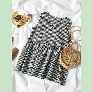 Sleeveless Plaid Long Top Plaid - Black & White - One Size