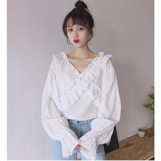 V-neck Balloon-sleeve Ruffled Blouse
