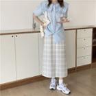 Sailor Collar Plain Blouse / Plaid Midi Skirt