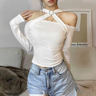 Long-sleeve Cold Shoulder Rhinestone Top