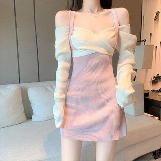 Long-sleeve Cold-shoulder Mock Two-piece Slim-fit Knit Dress White & Pink - One Size