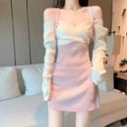 Long-sleeve Cold-shoulder Mock Two-piece Slim-fit Knit Dress White & Pink - One Size