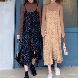Mock-neck Long-sleeve Top / Floral Strappy Midi A-line Dress