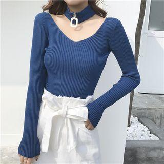V-neck Plain Knit Top With Choker