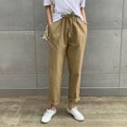 Linen Blend Drawcord Baggy Pants Beige - One Size