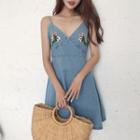 Floral Embroidered Strappy Denim A-line Dress