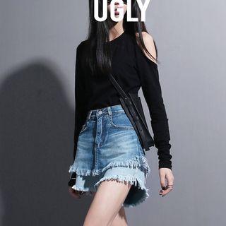 Mock Two-piece Fray-trim Denim Shorts