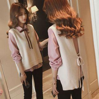 Set: Layered-collar Shirt + Knit Vest