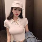 Collared Short-sleeve Slim-fit Crop Top White - One Size