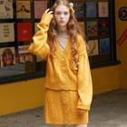 V-neck Embroidered Cable-knit Cardigan Mustard Yellow - One Size
