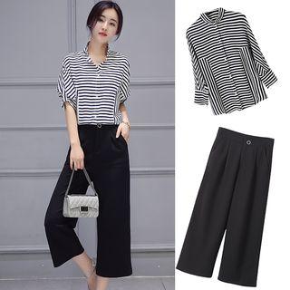 Set : Stripe Long-sleeve Blouse + Capri Wide Leg Pants