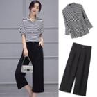 Set : Stripe Long-sleeve Blouse + Capri Wide Leg Pants