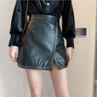 Long-sleeve Velvet Shirt / Faux Leather Mini A-line Skirt