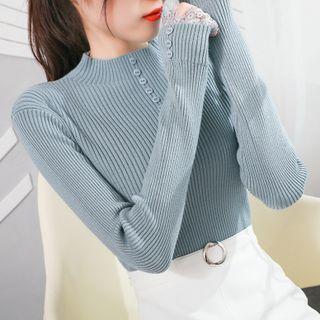 Semi High-neck Lace Sleeve Button Top