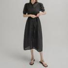 Frill-neck Perforated-trim Long Dress With Slipdress Black - One Size