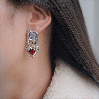 Heart Rhinestone Asymmetrical Alloy Dangle Earring