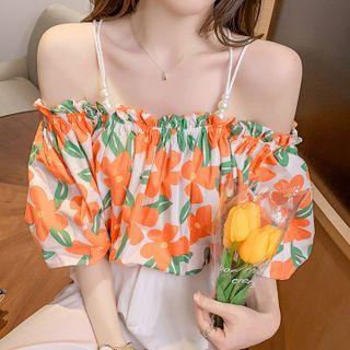 Puff-sleeve Off-shoulder Faux Pearl Floral Print Top