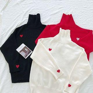 Heart Embroidered Turtle-neck Sweater