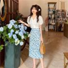 Set : Puff Short-sleeve Shirt + High-waist Floral Semi Skirt 2-piece