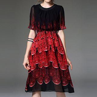 Printed Short Sleeve A-line Midi Dress