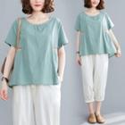 Short-sleeve Linen Top As Shown In Figure - One Size