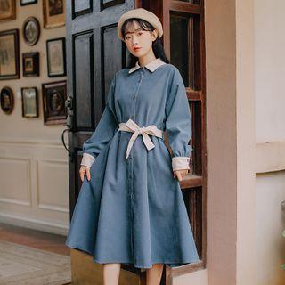 Long-sleeve Contrast Trim A-line Midi Shirtdress