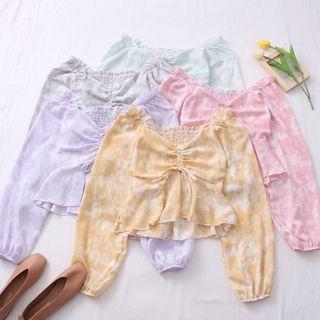 Ruffled-trim Drawstring Chiffon Top
