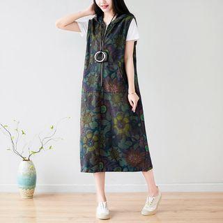 Half Zip Hooded Sleeveless Midi Dress Black - One Size