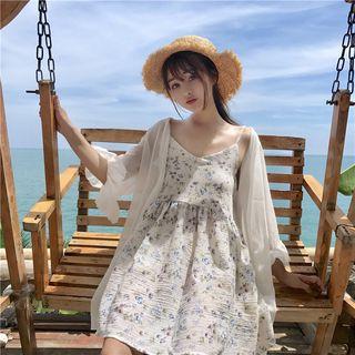 Light Jacket / Spaghetti Strap Floral Print Mini Dress
